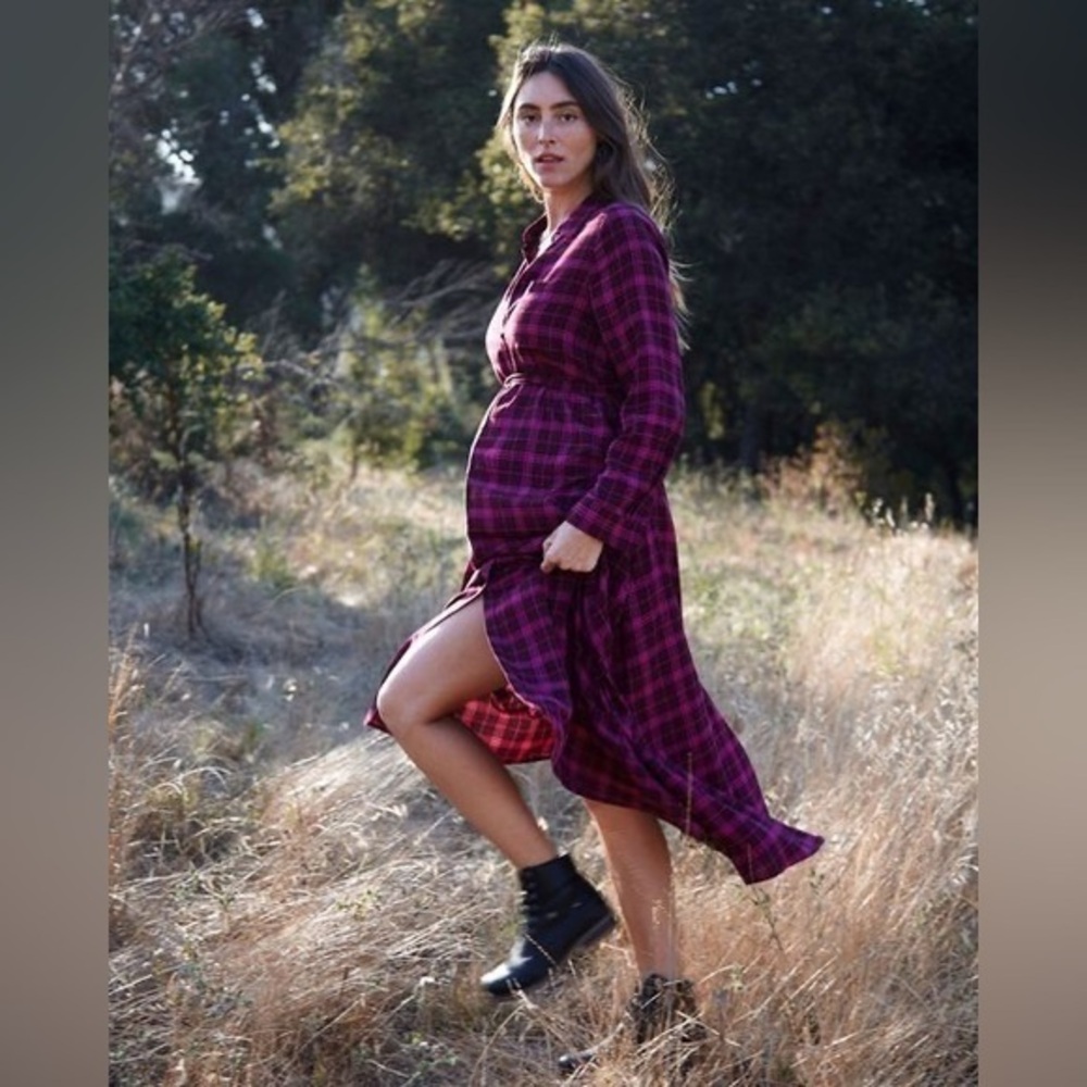 🆕 nwt hatch maternity Alyssa dress plaid button down shirt 0 xs port carmine